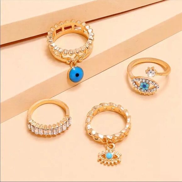 NEW! 4Pcs/Set Gold Color Evil Eye Rings For Women - Picture 3 of 4
